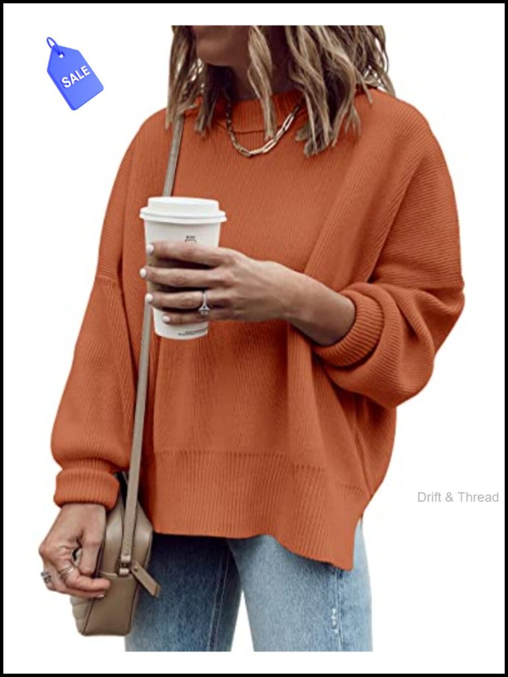 Oversized Tunic Sweater Loose Fit Ribbed Crewneck Pullover Side Slit